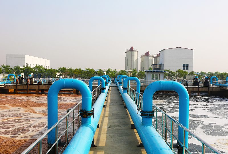 Water treatment plant with blue pipelines.